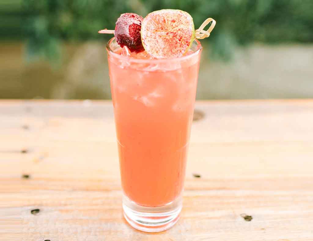 A pastel pink drink in a tall glass with a lemon garnish