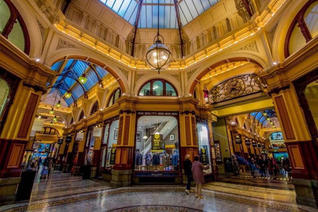 Shops in an old fashioned arcade with a dome ceiling